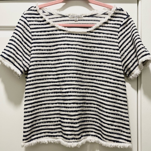 Top Crop Green Envelope White Navy Stripes Fringed Trim Woven SZ M Front Tuck - Picture 6 of 6